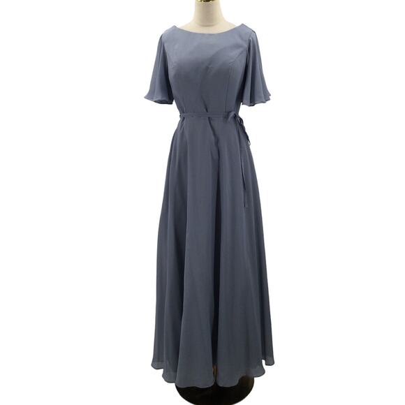FORMAL PARTY 8 M slate blue boat neck faux wrap bridesmaid maxi dress NEW B159 - Picture 1 of 9